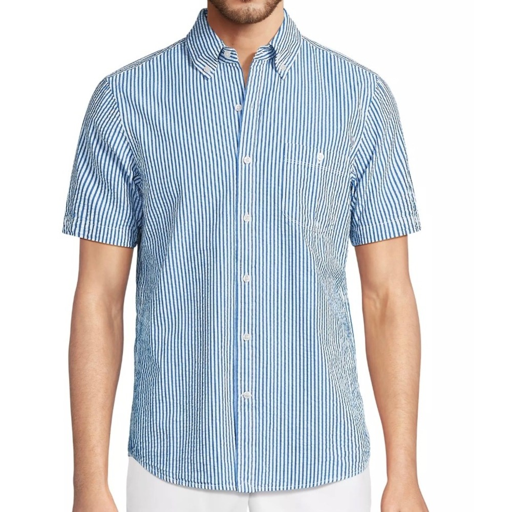Lands' End Blue and White Seersucker Striped Short-Sleeve Button-Down Shirt XL
